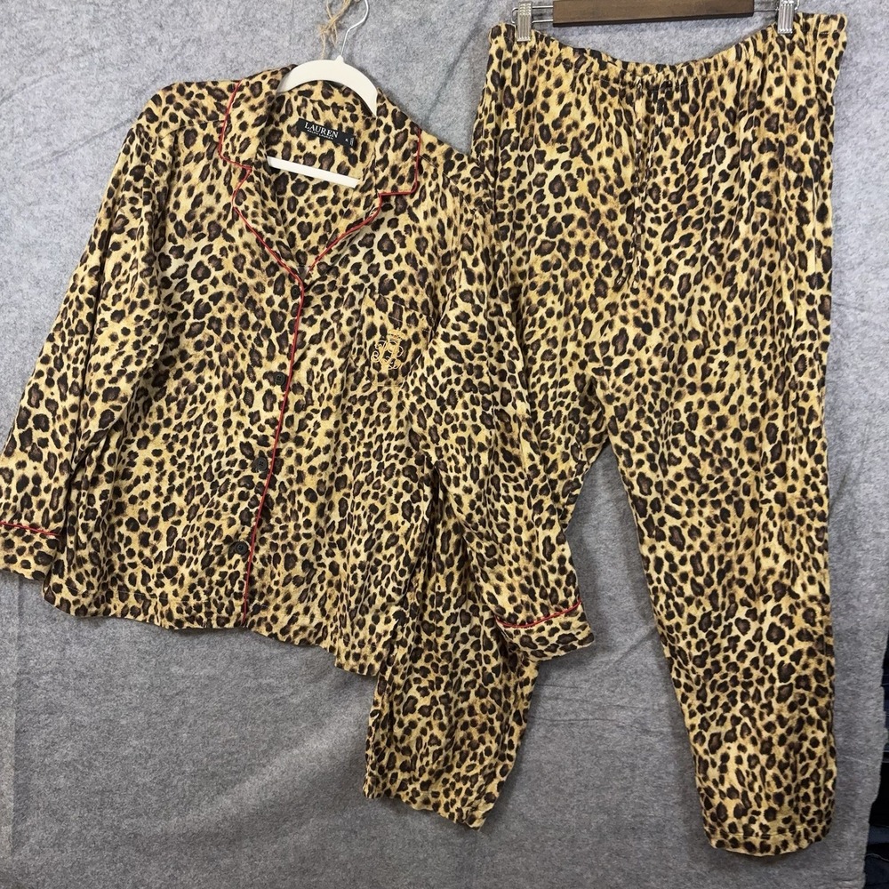 Lauren Ralph Lauren Pajama Set Womens Sz XL Leopard Print Monogram Pocket‎